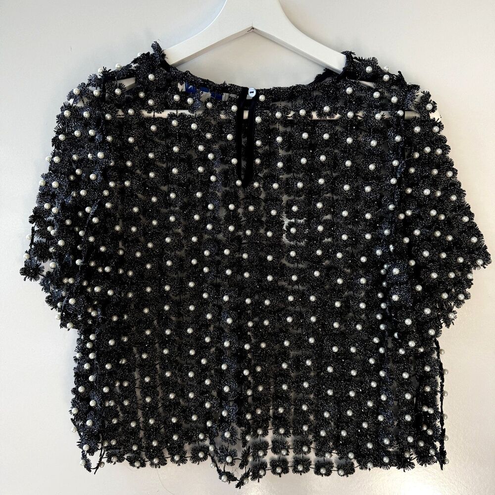 She + Sky Pearl Embellished 3D Floral Open-Weave Mesh Women’s Top Large Romantic - Picture 9 of 10